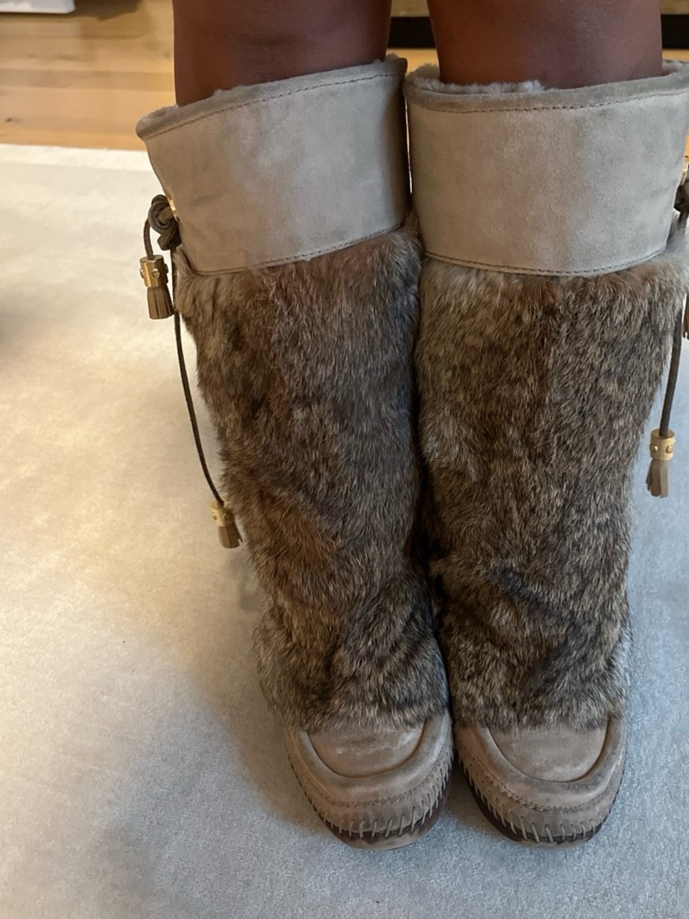 Tory Burch Taupe Faux Fur Knee-High Winter Boots